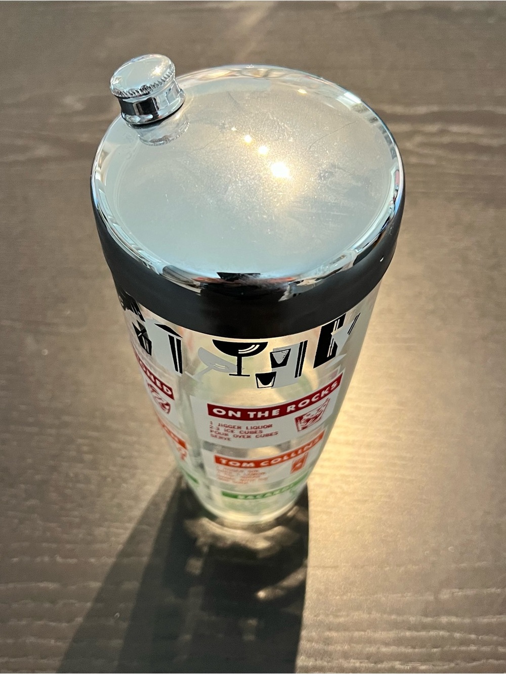 Vintage Silver and Black Cocktail Shaker with Graphic Recipe Glass